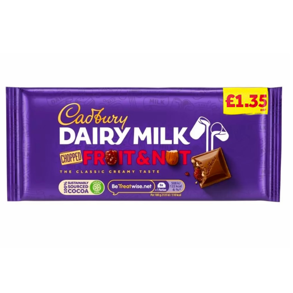 Cadbury Dairy Milk Fruit & Nut Chocolate Bar 95g PMP £1.35 - 22 Count