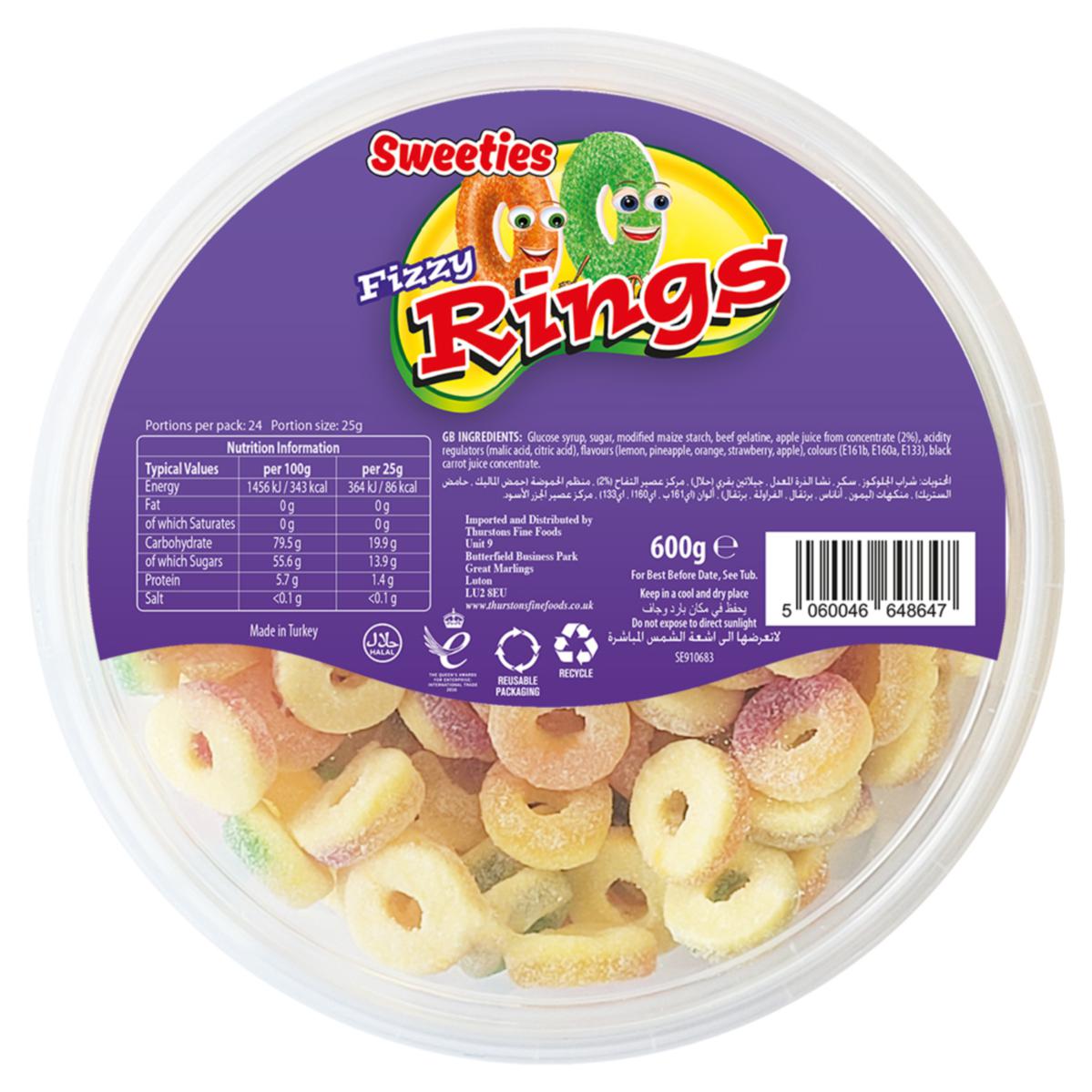 Sweeties Halal Gummy Fizzy Rings Tub 600g - 4 Count